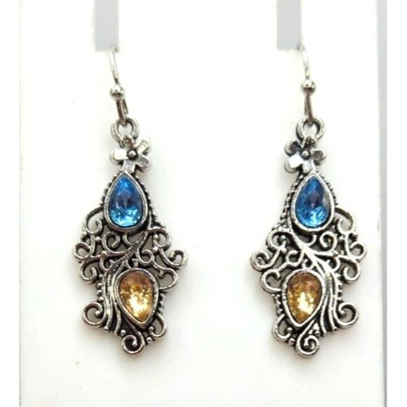 Silver Tone dangle earrings gems blue, and yellow , NWOT Xhilaration - Picture 1 of 3